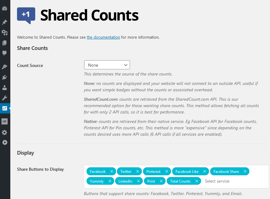 Shared Count Settings Page
